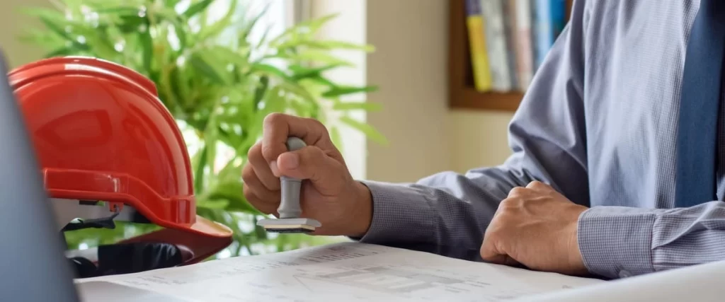 A municipal official's hand using a rubber stamp to provide final authorization and approval on paperwork for residential deck permits.