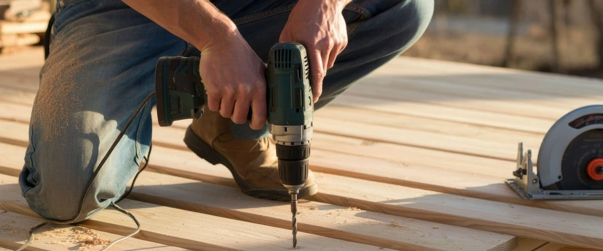 A close-up shot of a person kneeling on a wooden patio while performing a deck repair, using a teal electric power drill to secure light-colored timber planks during a home improvement project.