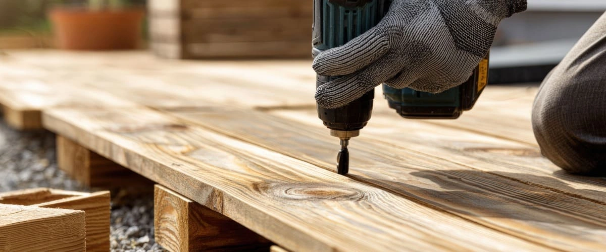 Close-up of a person in work gloves using a power drill to secure wooden planks during a deck repair project.