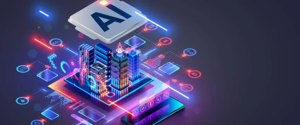 a conceptual illustration representing artificial intelligence (AI) and its application in modern technology and urban environments