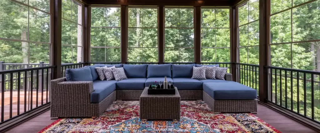 a furnished screened porch with wooden deck