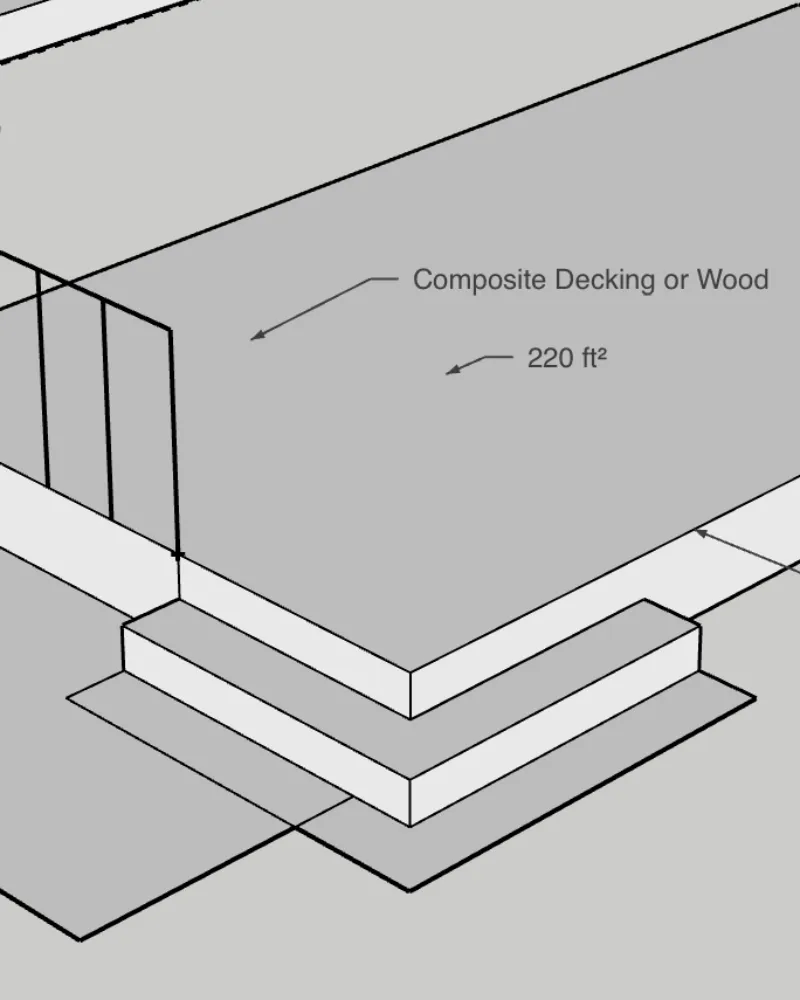 a diagram illustrating a deck area and its specified materials and size