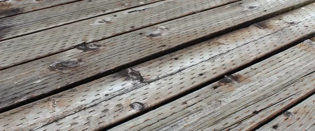 Macro shot of a warped deck showing weathered, sun-damaged wooden planks with visible splintering and deep horizontal cracks.