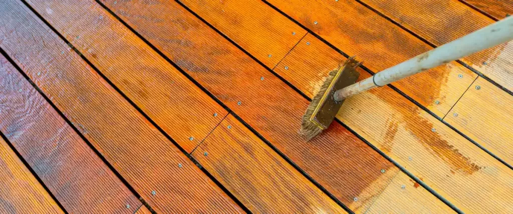 High-powered industrial machine sanding a wooden deck to remove old finish.