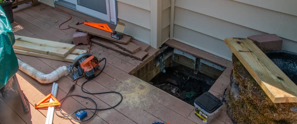 An orange circular saw, framing squares, and a piece of PVC pipe sit on brown wooden boards next to a freshly cut access hole exposing the joists for a deck drainage project.