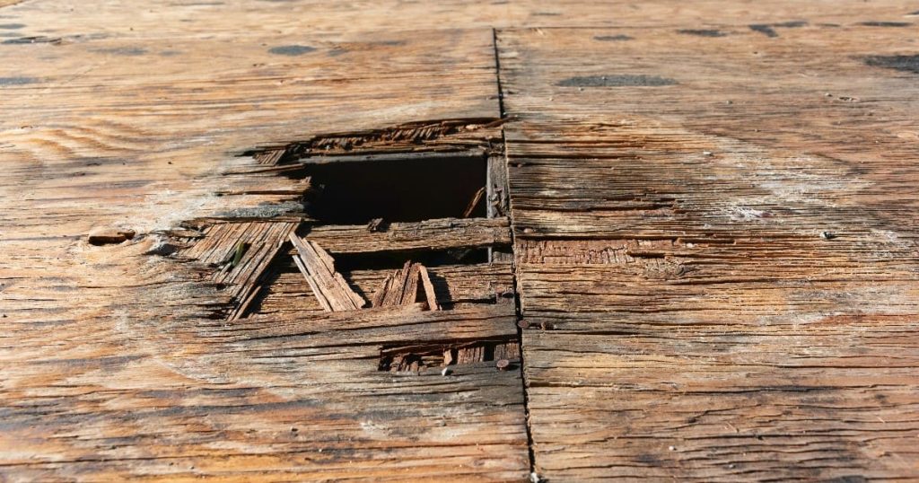 A close-up of a heavily rotted and split vertical wooden support post demonstrating the need for deck repair after winter TN.
